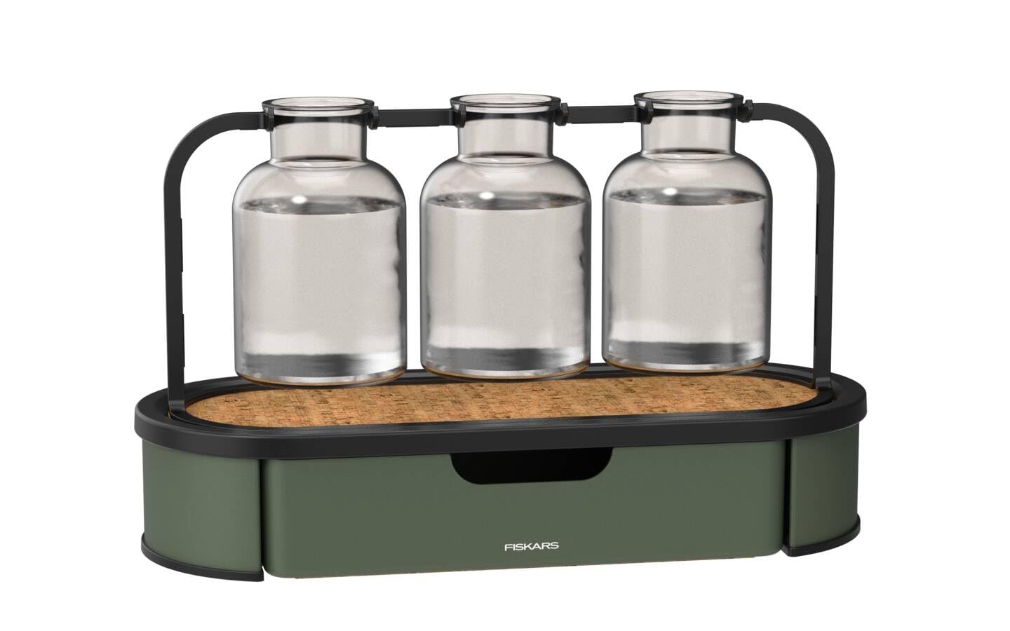 Fiskars Urban Plant Care 1080912 Propagation Station, Holds up to 3 Cuttings, 3 Glass Jars and Metal Stand with Storage Base, Olive Green