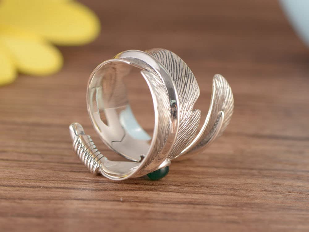 Frauen einstellbarer Ring, S925 Eingelegtes grüne Achatfedern Neuheit Open Finger Ring für Hochzeits Geburtstagsfeier Schmuck