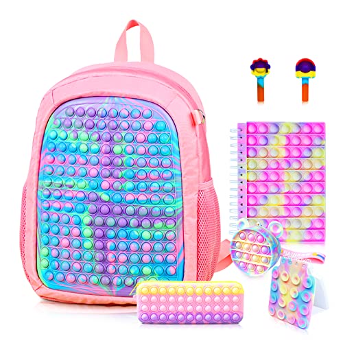 BuQueHM Large Pop Fidget Backpack for Girls, Pop it Bags&pop it Notebook and Pencil Case for Kids'...