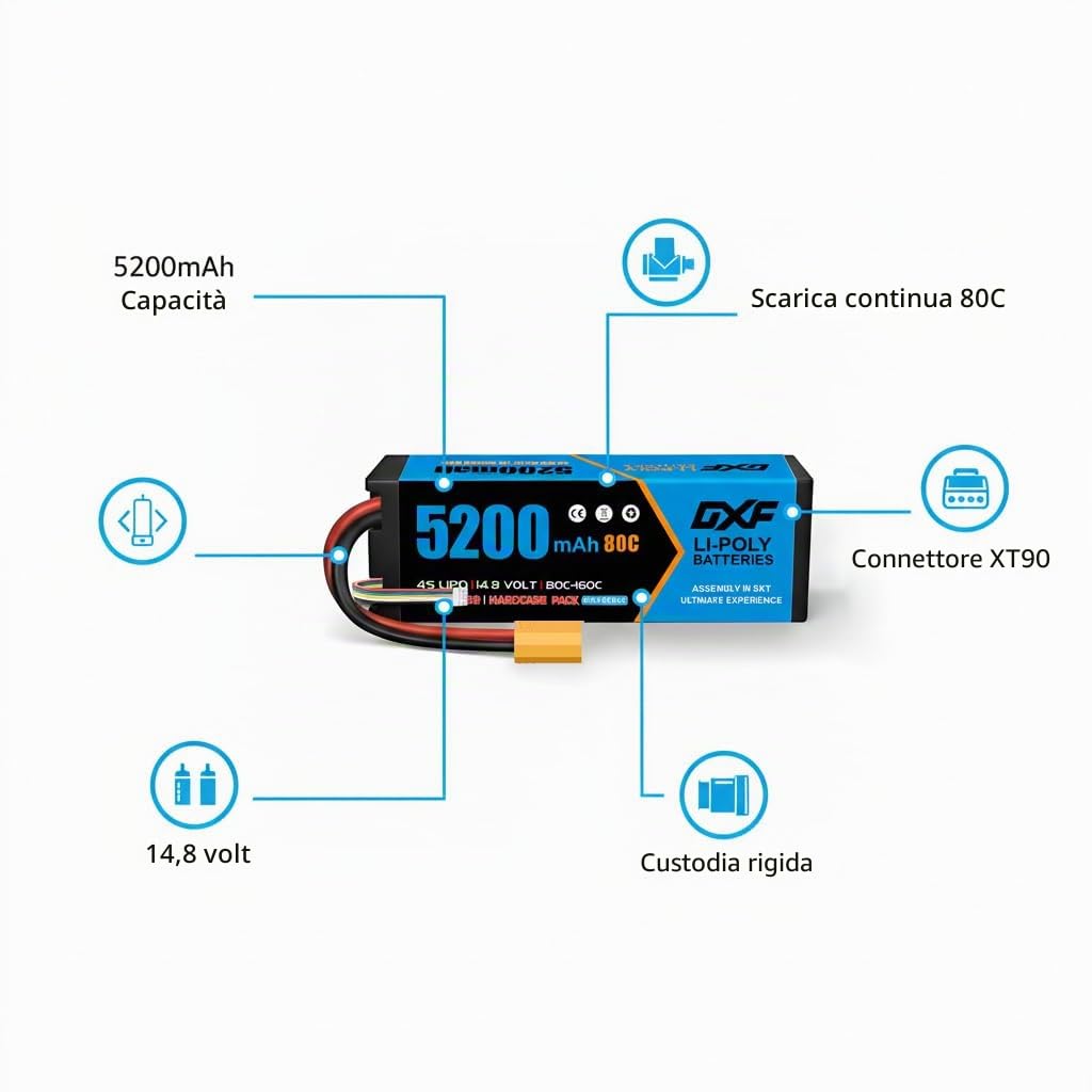 DXF Batteria LiPo 4S 14.8V 5200mAh 80C Spina XT90 Auto RC 1/8 1/10 Truck Buggy Touring Car Compatta Leggera Potente Affidabile Gare Racing Modellismo 1 Pezzo