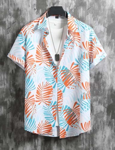 Image of Yimoon Men's Summer 2 Piece Outfits Tropical Print Short Sleeve Button Down Hawaiian Beach Shirt and Shorts Set