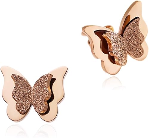 WDSHOW Aretes de oro esmerilados con forma de mariposa rosa de 18 K para niña o mujer