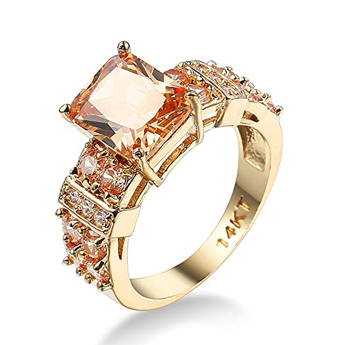 Women's Yellow Gold Plated Radiant Cut Created Morganite CZ Cubic Zirconia Pave Filled Statement Rings Wedding Engagement Proposal Band for Mom, 7#, 10-Champagne