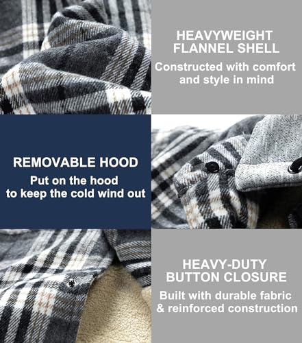 Image of LOUECHY Men's Fleece Lined Flannel Shirt Jacket Plaid Button Down Shirts Jacket with Removable Hood