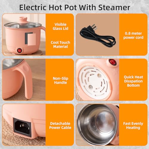 Image of Electric Cooking Pot with Steamer 1.5L | Multi-Function Mini Cooker | Non-Stick Inner | Travel Friendly Kitchen Appliance (Peach, Without Steamer)
