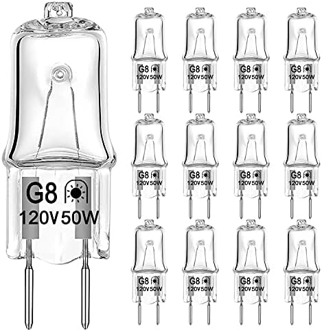 G8 Halogen Light Bulb 50W 120V T4 JCD Type G8 Bi-Pin Base Dimmable G8 Small Light Bulbs for Kitchen Hood, Landscape Lights, Desk and Floor Lamps, Wall Sconces, Warm White 2700K (12 Pack)