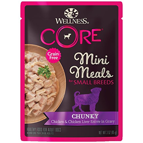 Wellness CORE Natural Grain Free Small Breed Mini Meals Wet Dog Food, Chunky Chicken & Chicken Liver Entrée in Gravy, 3-Ounce Pouch (Pack of 12)