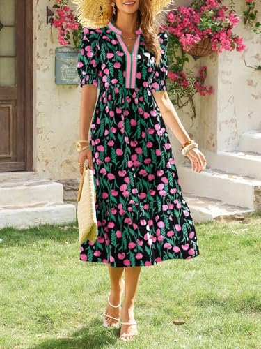 Image of Wenrine Womens Summer Floral Puff Short Sleeve V Neck Flowy Midi Dress | Casual,Ruffle Sleeve,Empire Waist,Swing,Boho,Beach,Vacation,Maxi Dress,with Pockets