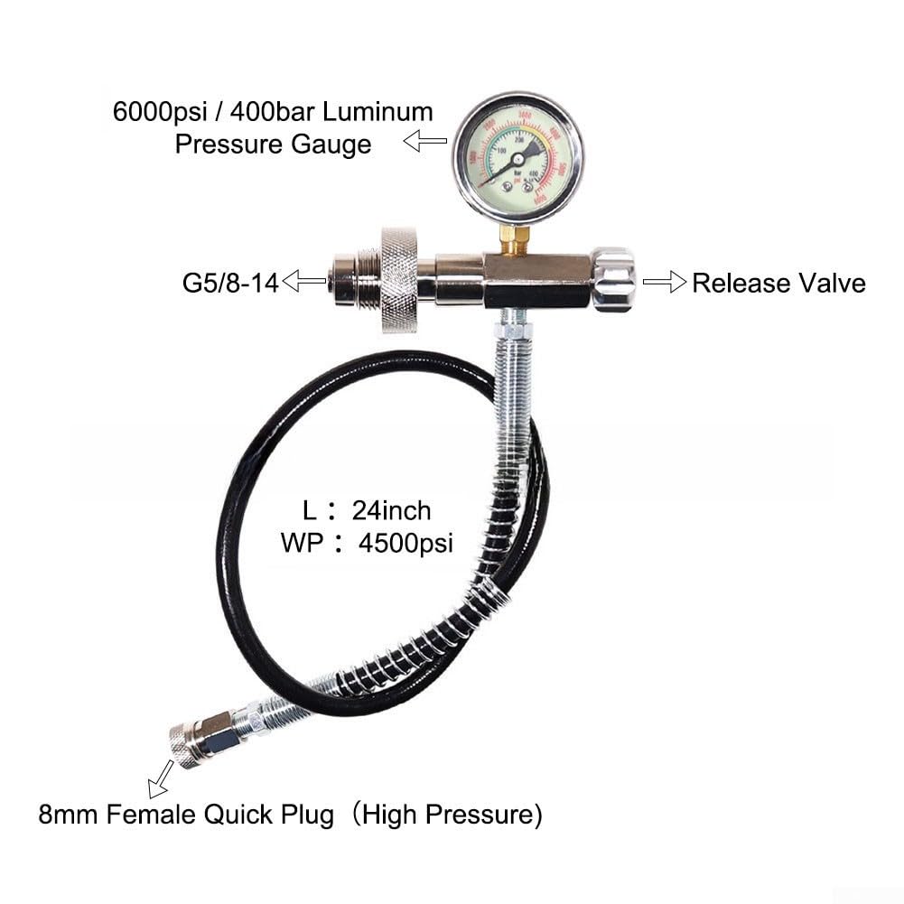 Alta pressione ARA Gauge 0-6000psi doppia scala | Per metallo pesante, gamma 0-6000psi, tubo ad alta pressione da 61 cm, doppia scala psi/bar, quadrante trasparente da 46 mm