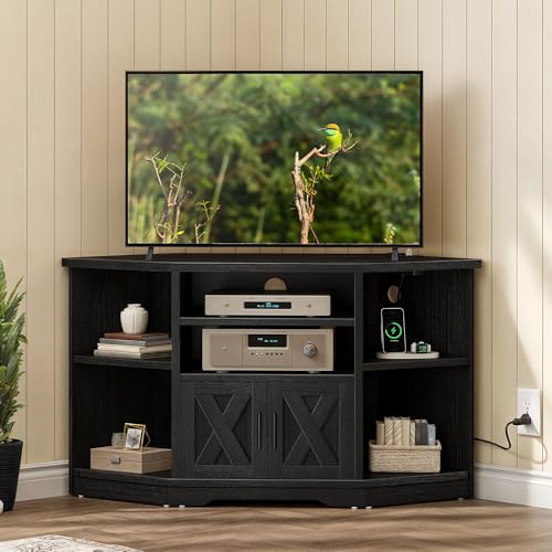 DWVO Corner TV Stand for 55/50 Inch TV, TV Entertainment Center with Storage, Farmhouse TV Stand for Living Room with Power Outlet, TV Media Console, Black