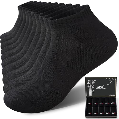 LWK Mens Bamboo Viscose Ankle Socks 10-Pack Thick Cushioned Seamless Toe Moisture Wicking Arch Support Gift Box