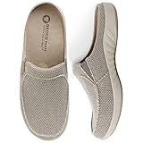 Plantar Fasciitis Slippers for Men with Arch Support, Canvas Orthotic Slipper for Men with Suede Insole and Velvet Lining, Slip on Clog House Slipper with Indoor Outdoor Anti-Skid Rubber Sole, Beige