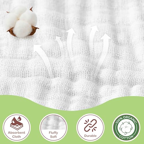Image of 100% Organic Cotton Muslin Baby Hooded Towel, 32 x 32 in, White, 2 Pack, Soft Absorbent 4-Layer Hooded Bath Towel for Newborns, Infants, Toddlers, Boys, Girls, Oeko-TEX