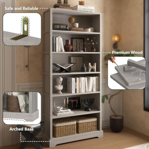 Image of TVU 6-Tier Wooden Bookshelf, 77.2 inch Tall Farmhouse Style Open Bookcase, 31.5 inch W Standing Book Shelf with Storage, Suitable for Study, Living Room, Office, Grey