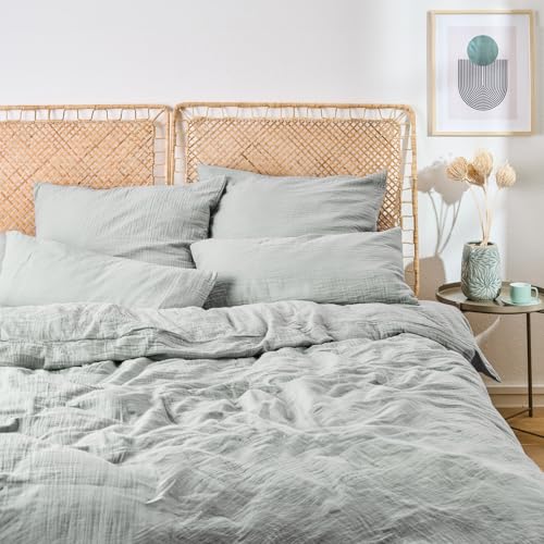 Blumtal Musselin Bettwäsche 135x200 cm + 80x80 cm - Oeko-TEX zert. Bettwäsche Musselin aus 100% Baumwolle - extra weiches Bettwäsche-Set waschbar bei 40 °C - Sommerbettwäsche Blau