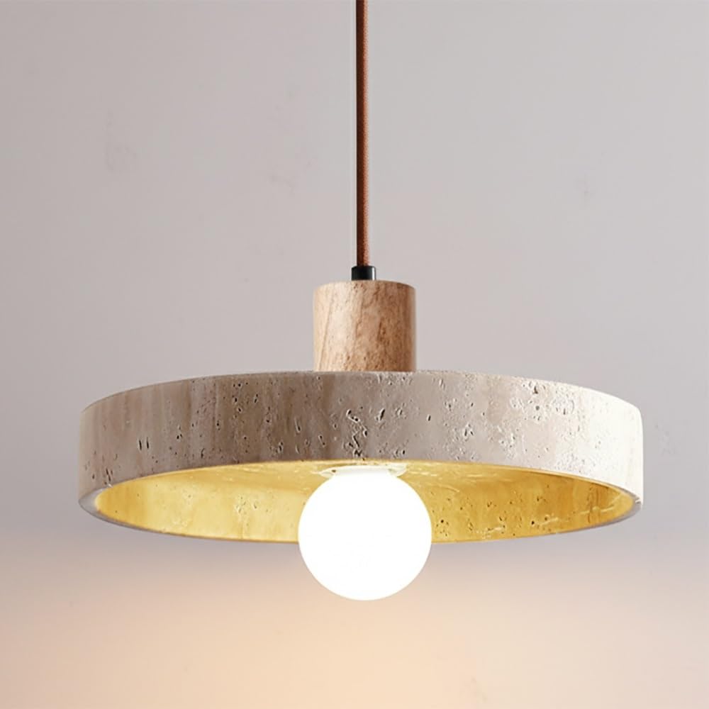 Pendelleuchte aus Japanischem Gelbem Travertin, Hängelampe aus Rundem Naturstein im Nordischen Stil mit Holzdetail Kronleuchter für Kücheninsel Schlafzimmer Nachttisch(Wood)