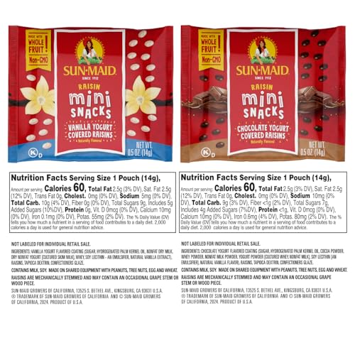Image of Sun-Maid Vanilla & Chocolate Yogurt Coated Raisins Variety Pack - (36 Pack) 0.5 oz Mini Snack-Size Bag - Yogurt Covered Dried Fruit Snacks (Amazon Exclusive)