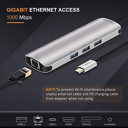 Image of Tobo Type C Hub,9 in 1 Aluminum Multi-port Adapter with Type-C Charging Port, 4K HDMI Output,3 USB A 3.0 Ports,3.5mm Audio Jack,Micro SD /SD Card Reader and Gigabit Ethernet Compatible with MacBook Pro, Surface Pro,Note (USB-C 9 in 1)