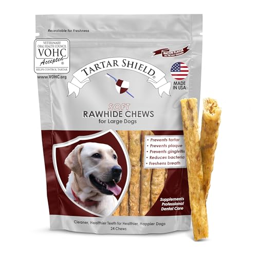 Tartar Shield Soft Rawhide Dental Chews for Large Dogs | VOHC Accepted | Reduces Tartar Controls Plaque & Freshens Breath | Vet Recommended | Bacon Flavor | USA Made | 24 Count