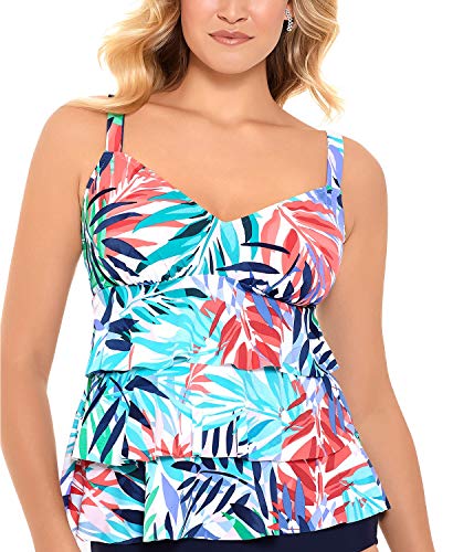 Swim Solutions Top tanquíni feminino estampado em camadas Palm Springs, Azul multi, 16