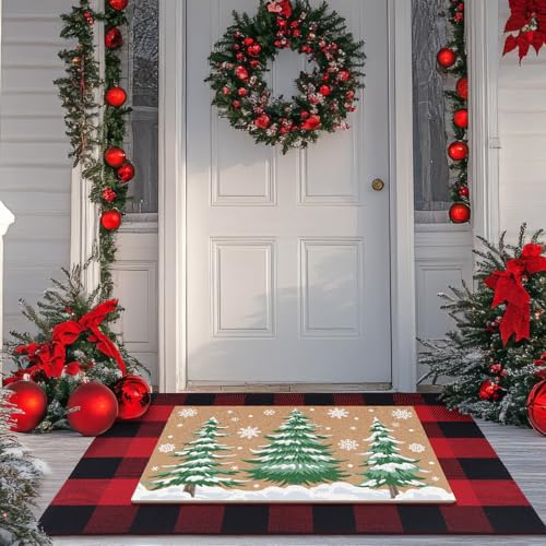 FuWeave 2 Pcs Christmas Doormats with Outdoor Rug Christmas Tree Door Mat Combo Set...