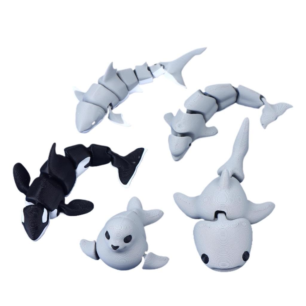 5 Pcs 3D Printed Ocean Animals Set Mini Animals 3D Printed Toys - Cute Articulated Flexible Figurines Fidget Toys for Adults, Party Favors, Home Office Desk Decoration & Display