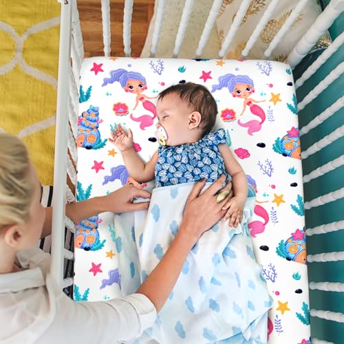 Image of JISEN Baby Crib Sheets - Soft Breathable Fitted Sheet for Standard Crib and Toddler Mattress, Baby Bed Sheets for Boys Girls Neutral, 52x28 Inch, White Mermaids