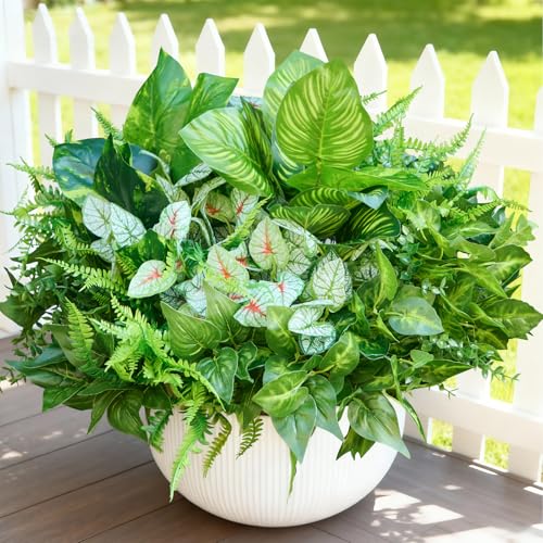 Faylifeway 12 Bundles Artificial Plants Outdoor UV Resistant Fake Greenery Stems with Large Shrubs Faux Plastic Plant for Outside Front Porch Planters Garden Window Box Patio Decor(Pot Not Included)