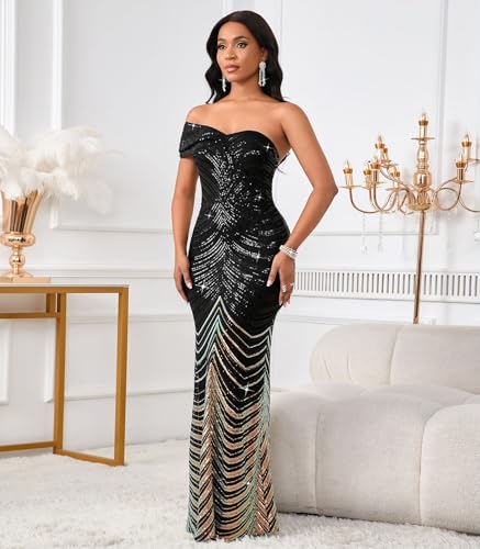 Image of Cololura Women Sequin One Shoulder Mermaid Formal Maxi Dress Evening Gown