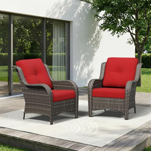 Image of Patio Chairs Set of 2, Outdoor Wicker Patio Furniture Set with Thickened Olefin Cushions, High Back and Deep Seating, Wide Curved Armrest Hand-Woven PE Rattan for Porch, Deck, Red