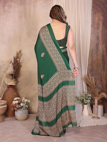 Image of Amazon Brand - Tavasya Womens Blocked Printed Daily Wear Chiffon Georgette Saree With Blouse With Blouse