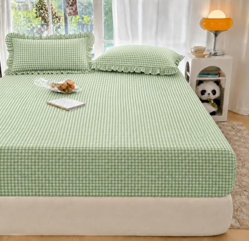 Image of VOMZER King Size (72x78) 300 TC Soft Cotton Feel Microfiber All Around Elastic Fitted Double Bedsheet with 2 Frill Pillow Covers | Sage Green