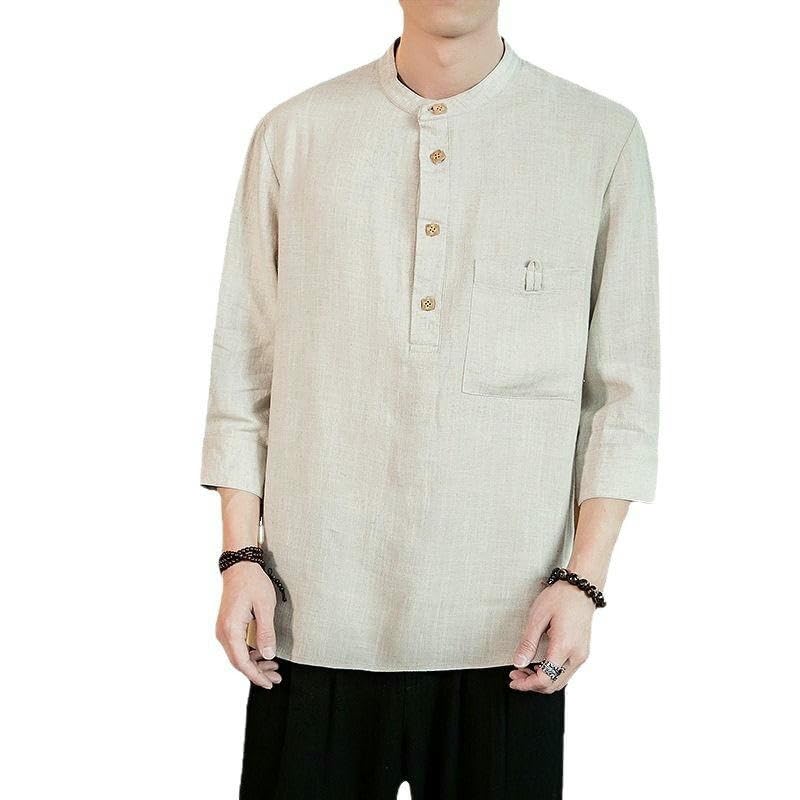 Col montant rétro en coton et lin de style chinois pour homme chemise lin été - 5