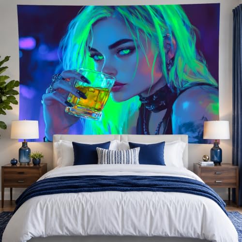 Image of BlissYard Blacklight Tapestry 78x59 Inch Neon Drinking Girl Fluorescent Tapestry Blacklight Sexy Lady Glow In The Dark Art Wall Hanging Poster Room Bedroom Party Backdrop Decor