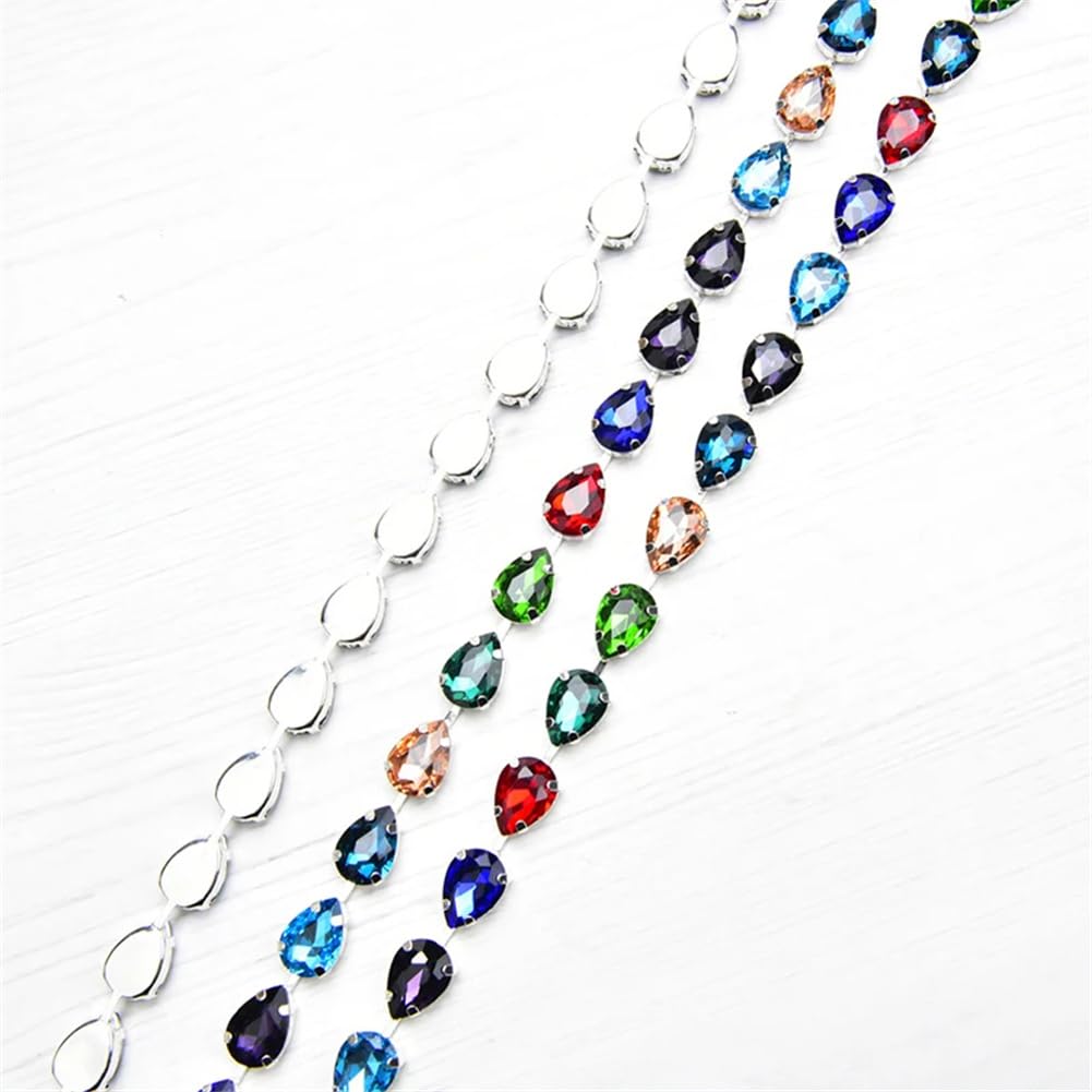 Frędzle z kryształkami, Ozdobne frędzle z kryształu górskiego 10x14 mm Szklany metalowy łańcuszek w kształcie kropli wody przyszyty wielokolorowy 1 jard 50 cm(Blue Zircon,50cm)