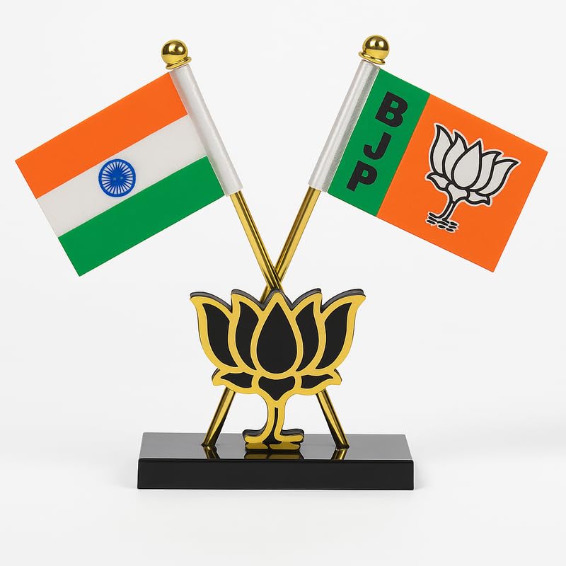 UNIq Premium BJP + Indian Flag Car Dashboard Decoration | Patriotic Dual Flag Lotus Stand | Glossy Table & Office Desk Showpiece-image-10