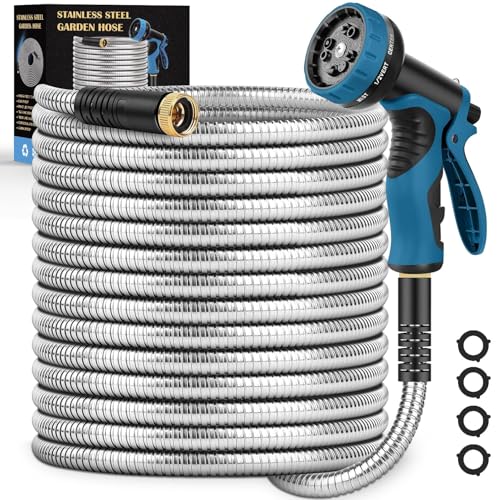 Garden Hose 100FT, Water Hose with 10 Function Nozzle, Garden Hose Metal with Leak-proof Connectors, Kink-Free & Ultra Flexible, Rust/Pet/Puncture Proof for Lawn, Yard, RV, Car Wash, 550PSI