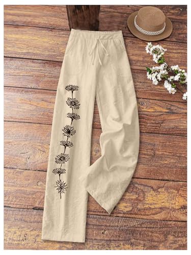 MakeMeChic Women's Floral Straight Leg Linen Pants Drawstring Waist Low Rise Y2K Boho Trousers2