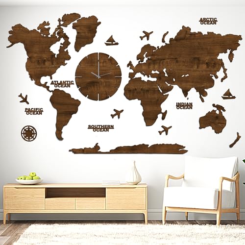 Image of rawpockets - 3D Wooden World Map With Clock Wall Decor| Wall Art, Wall Hangings & Gift | Travel Map | Living Room & Bedroom Wall | Working Space - Teak Brown Color - Large Size (180 X 105 CM)
