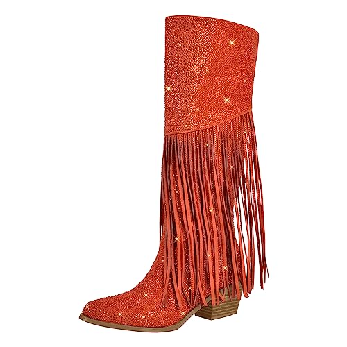 VERISSON Women's Rhinestone Tassel Western Knee Boots Almond Toe Middle Heels Crystal Cowboy Boots4