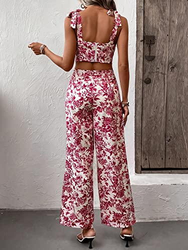 Floerns Women's 2 Piece Summer Outfit Floral Print Knot Shoulder Zip Back Crop Cami Top and Maxi Pants Set2