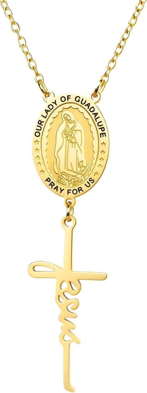 HURUMA Mary Necklace Stainless Steel Rosary Bead Jesus Cross Pendant Adjustable Y Chain Crucifix Jewelry for Women Faith Religious Gift Christian Catholic, Gold 1