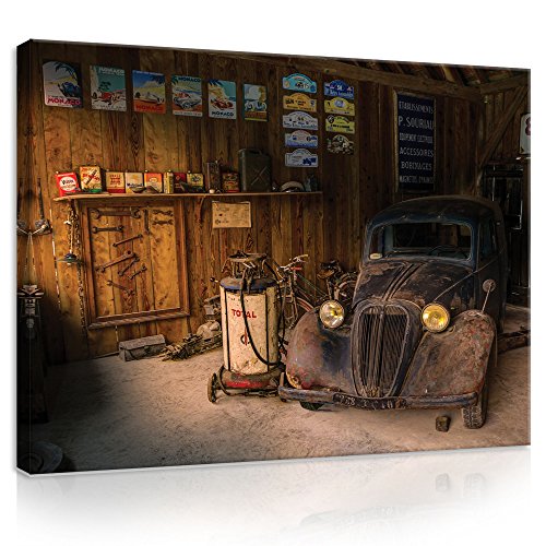 Toile voiture rétro atelier vintage pour personnaliser la décoration murale d'un salon cosy