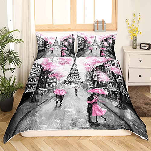 Tour Eiffel Parure de Lit 200x200cm Romantique Paris Thème Parure Housse de Couette Couple Chambre Femme Décoratif Paris Cityscape Imprimé Housse de Couette Moderne Style Français Rose Gris 3Pcs