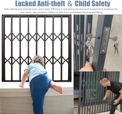Adjustable Foldable Security Window Grilles - Durable Anti-Burglary Locks, Grey Window Guards for 50-210 cm, Easy Install for Enhanced Home Protection, W80xH200cm
