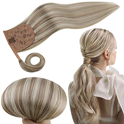 RUNATURE Human Hair Ponytail 12inch Ponytail Hair Extensions Ash Brown Highlights Platinum Blonde 70g Clip in Ponytail Hair Extensions Real Hair Wrap Around Ponytail Clip in Remy Hair Pieces