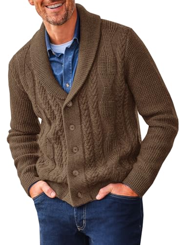 Runcati Mens Shawl Collar Cardigan Sweater Cable Knit Button Down Sweaters Long Sleeve Casual Winter Outwear Coffee
