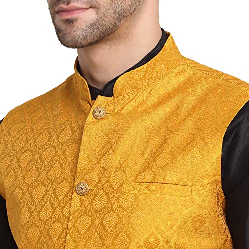 Image of KRAFT INDIA Mens Gold Silk Blend Kurta and Churidar Set With Jacquard Paisley Nehru Jacket