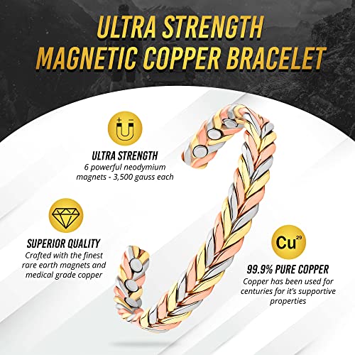 Magnetrx® Woven Copper Magnetic Therapy Bracelet - Magnetic Copper Bracelets - Adjustable Pure Copper Cuff Bracelet With Magnets (Tri-Color, X-S/S) #TOP2