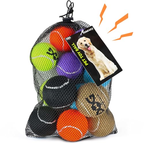 INSUM Squeaky Tennis Balls for Dogs - 12 Pack 2.5'' Durable Non-Toxic Outdoor Dog Toys Balls with Mesh Bag, SGS Certified, Colorful Fetch Toys, Medium Large Breeds